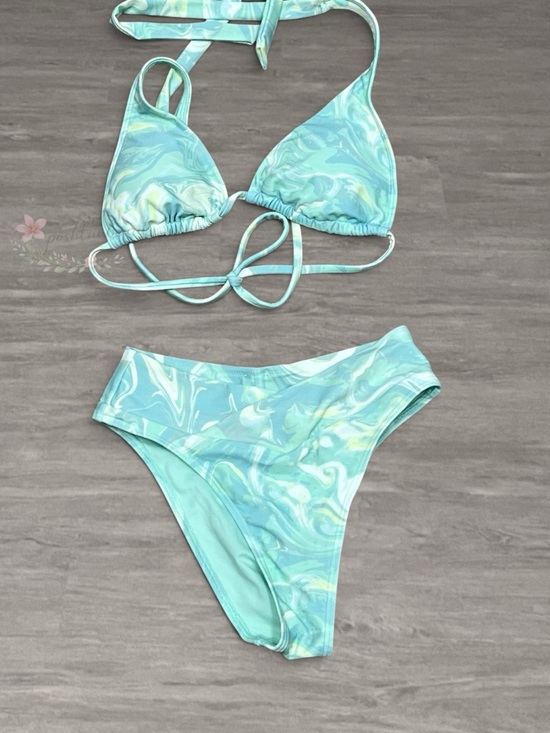 Hollister Other - Hollister Aqua Marble Bikini Set Triangle Top High Cut Bottoms Blue Green